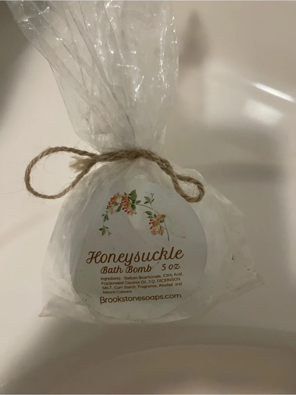 White ceramic soap dish with pink/Lavendar & New Honeysuckle Soap!
